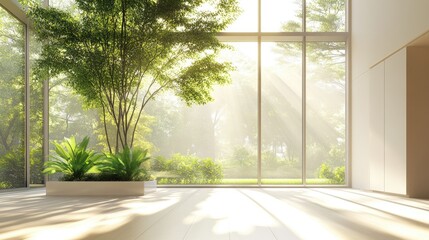 Bright and airy interior featuring a large vibrant green plant illuminated by soft sunlight streaming through expansive floor-to-ceiling windows.