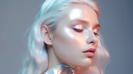 Fototapeta premium Ethereal Beauty: A Portrait of a Woman with Platinum Blonde Hair and Glowing Skin