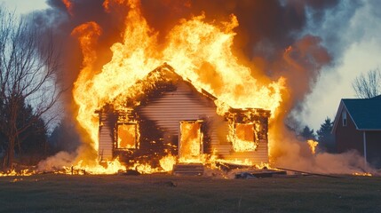 Residential building ablaze with intense flames, emphasizing the urgent importance of fire safety measures and insurance to mitigate risks and losses.