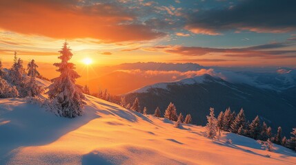 New Year celebration scene at sunset over snow-covered mountains, capturing a serene transition from one year to another with ample space for design elements.