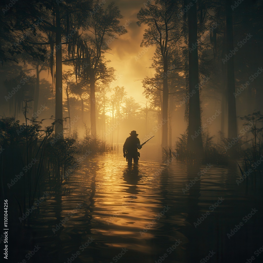 Poster a lone figure stands in a misty, flooded forest at sunset, surrounded by trees, creating a mystical 