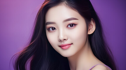 Naklejka premium Portrait of smiling asian teenager girl purple background.