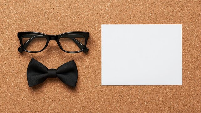 Top view of black spectacles and a classic bowtie beside a blank card on a cork board, ideal for Fatherâ€™s Day greeting or note preparation.