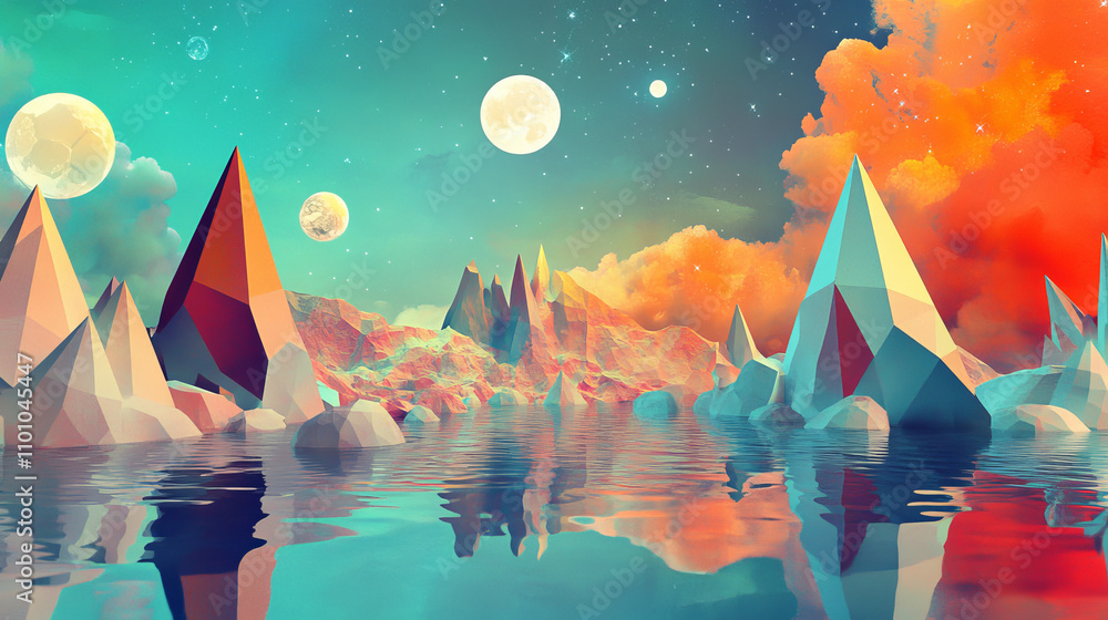 Poster a futuristic scene with simple, geometric shapes. it's a 3d image of a minimal landscape made of met