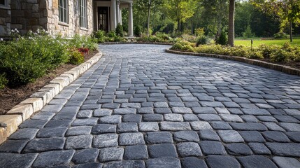 Granite cobblestone pathway featuring detailed textures and unique patterns, ideal for enhancing outdoor driveways and walkways.