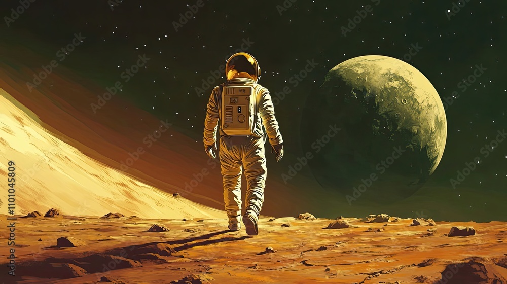 Poster astronaut walks on alien planet towards distant orb