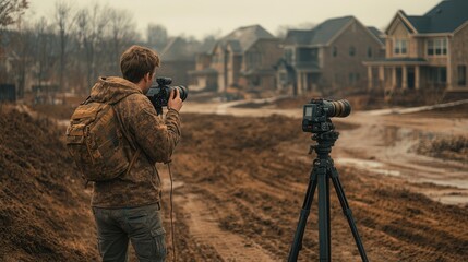 A photographer captures a scene in a muddy landscape with homes in the background, focusing on his camera in a serene yet rugged environment.