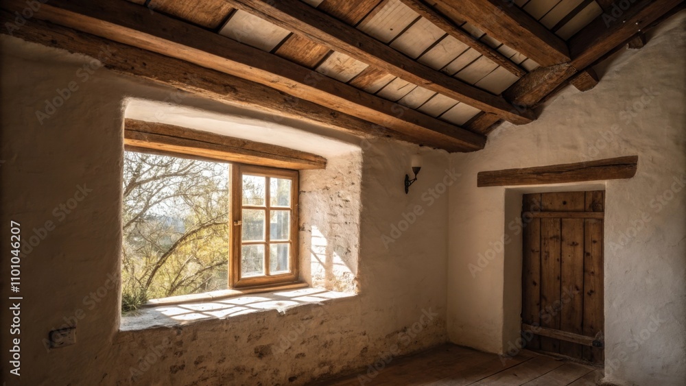 Aufkleber natural light streams through a small frosted window casting soft shadows on the earthy tones of the