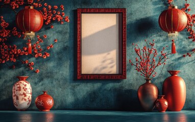 A 3D rendering in the style of Chinese art, featuring a symmetrical composition with red lanterns and vases placed on both sides of a picture frame. 