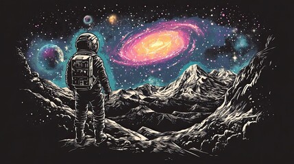 Obraz premium Astronaut Gazing at a Cosmic Galaxy from Mountainous Terrain