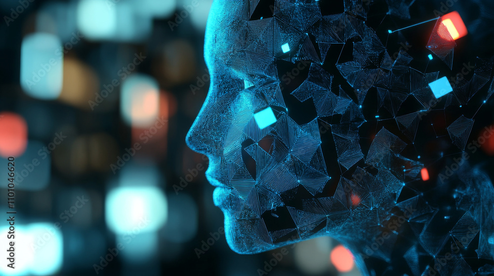 Poster a 3d image shows a geometric design representing artificial intelligence.