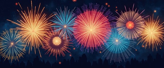 Fototapeta premium Artistic Fireworks Patterns Painting the Night Sky with Intricate Designs in a Rainbow of Vibrant Colors