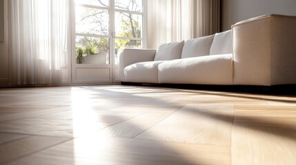 Bright and inviting living area showcasing a herringbone wood floor and a modern white sofa against large windows with natural light streaming in.