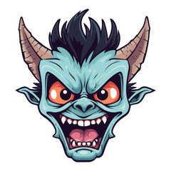 
Grinning blue demon with horns and wild hair in cartoon style. Generative AI.
