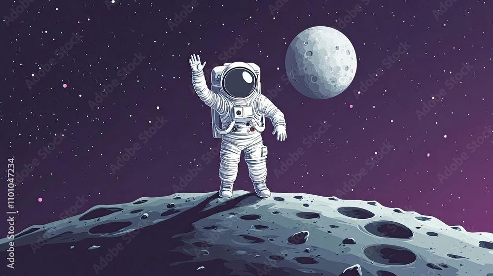 Poster astronaut waves from a cratered moon surface in space