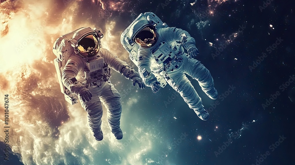 Wall mural two astronauts floating in space amidst nebulae