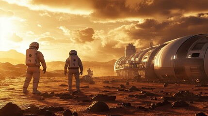 Astronauts Explore Martian Habitat at Sunset
