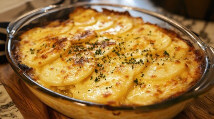 Ramen lasagna layered with creamy quattro cheese, baked until golden, and garnished with herbs in a clear glass dish.