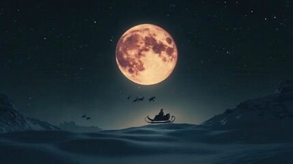 Naklejka premium Santa Claus Rides His Sleigh Across Snowy Mountains Under a Large Moon