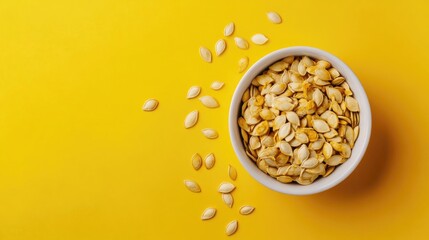 Bowl of golden pumpkin seeds overflowing against a vibrant yellow background with scattered seeds adding contrast and texture.
