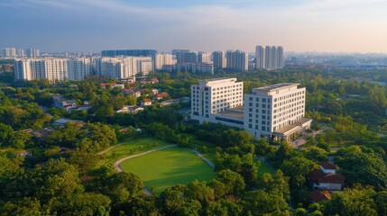 Obraz premium Vibrant Cityscape with Lush Green Landscape and Skyscrapers