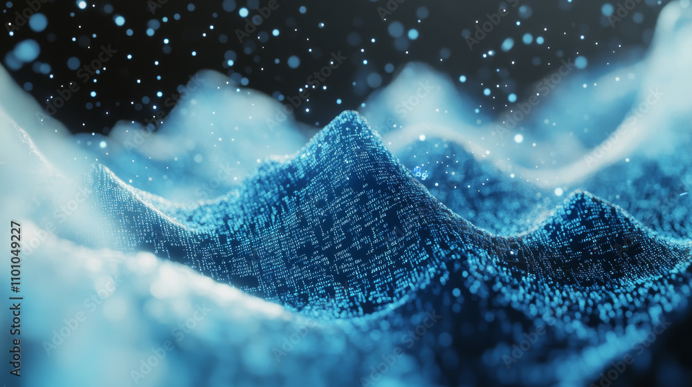 Poster a 3d image shows a computer program's code, blue against a white and gray backdrop. it illustrates t