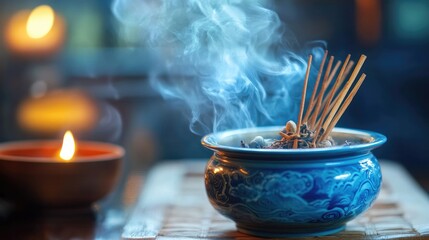 Traditional moxibustion bowl with incense sticks and aromatic smoke, highlighting ancient Chinese medicinal practices and herbal therapies.