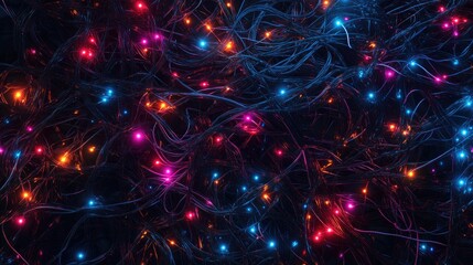 Obraz premium Vibrant glow of intertwined data cables in a dark background, showcasing colorful lights in shades of blue, pink, and orange for a dynamic technological effect.