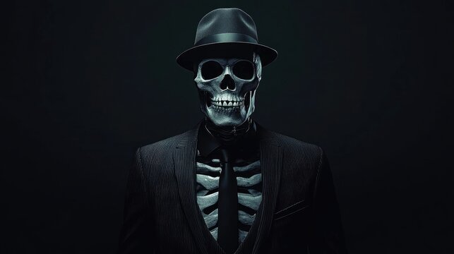 Elegant skeleton wearing a formal suit and hat, set against a dark background, symbolizing the relentless pursuit of wealth in a business context.