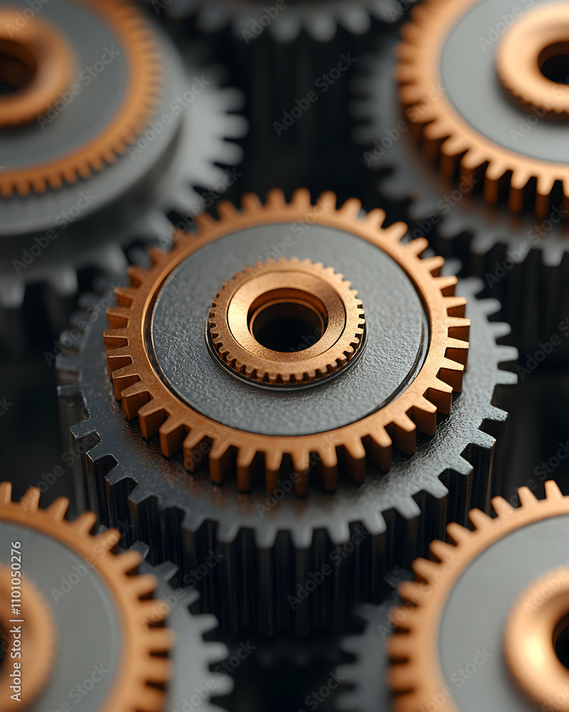 Poster close-up view of many metallic gears, interlocked and precisely arranged.