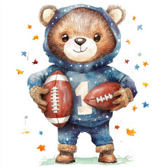 Cute bear american football watercolor cartoon clipart isolated on white background.