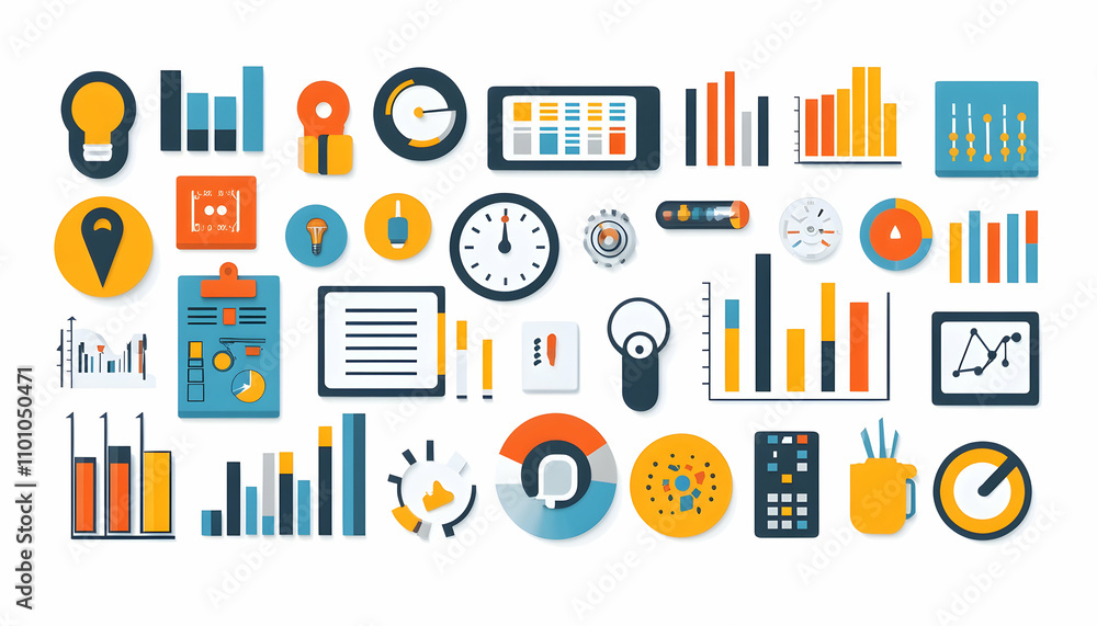 Poster collection of flat design icons representing business analytics, productivity, and data visualizatio