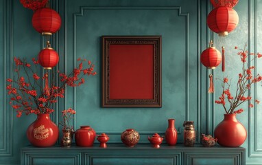 A striking 3D rendering in the style of Chinese art, with a central picture frame framed by red lanterns and vases, set against textured teal walls. 