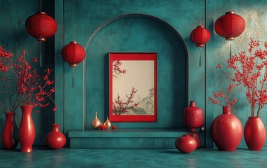 A striking 3D rendering in the style of Chinese art, with a central picture frame framed by red lanterns and vases, set against textured teal walls. 