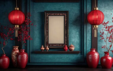 A striking 3D rendering in the style of Chinese art, with a central picture frame framed by red lanterns and vases, set against textured teal walls. 
