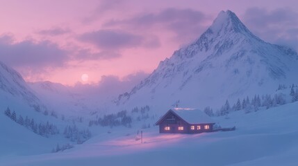 Fototapeta premium Winter Cabin Illuminated Amidst Snowy Mountain Peaks