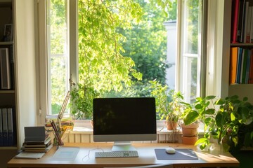 Home office desk with computer and potted plants by open window