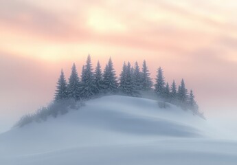Stunning winter landscape featuring a serene snow-covered hill adorned with evergreen trees under a pastel sunrise sky, creating a tranquil atmosphere for nature lovers.