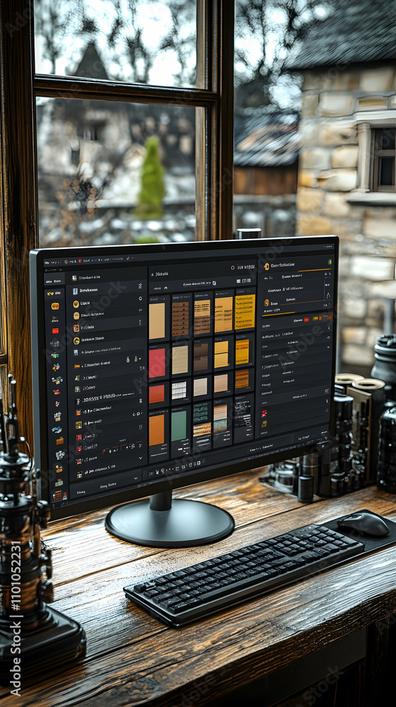 Poster computer screen displaying color palettes on a wooden desk next to a window.