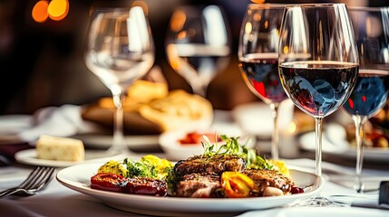Gourmet Steak Dinner with Red Wine and Side Dishes