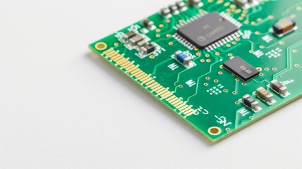 Close-up of a semiconductor chip with detailed electronic components and circuits on clean white background, ideal for tech and engineering projects.