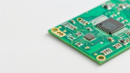 Close-up of a semiconductor chip with detailed electronic components and circuits on clean white background, ideal for tech and engineering projects.