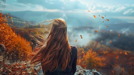 Rear view on woman with flowing hair on autumn cliff