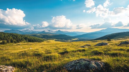 Fototapeta premium Rolling green hills and mountains under a bright blue sky