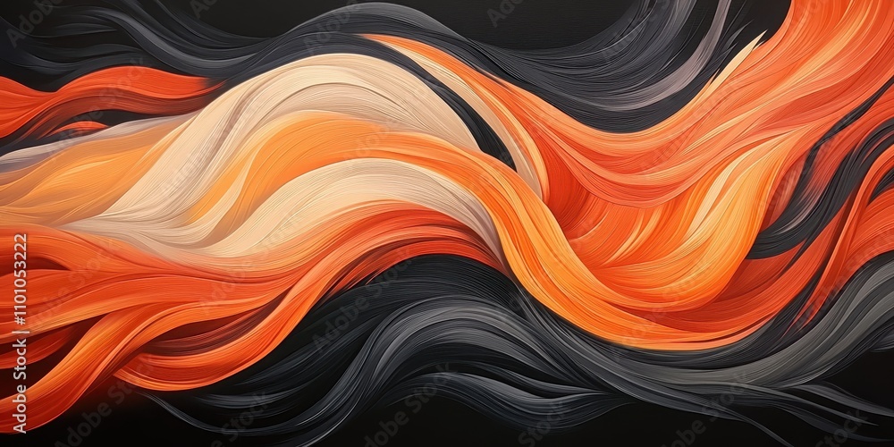 Poster a vibrant abstract painting featuring flowing waves of orange, cream, and black, creating a dynamic 