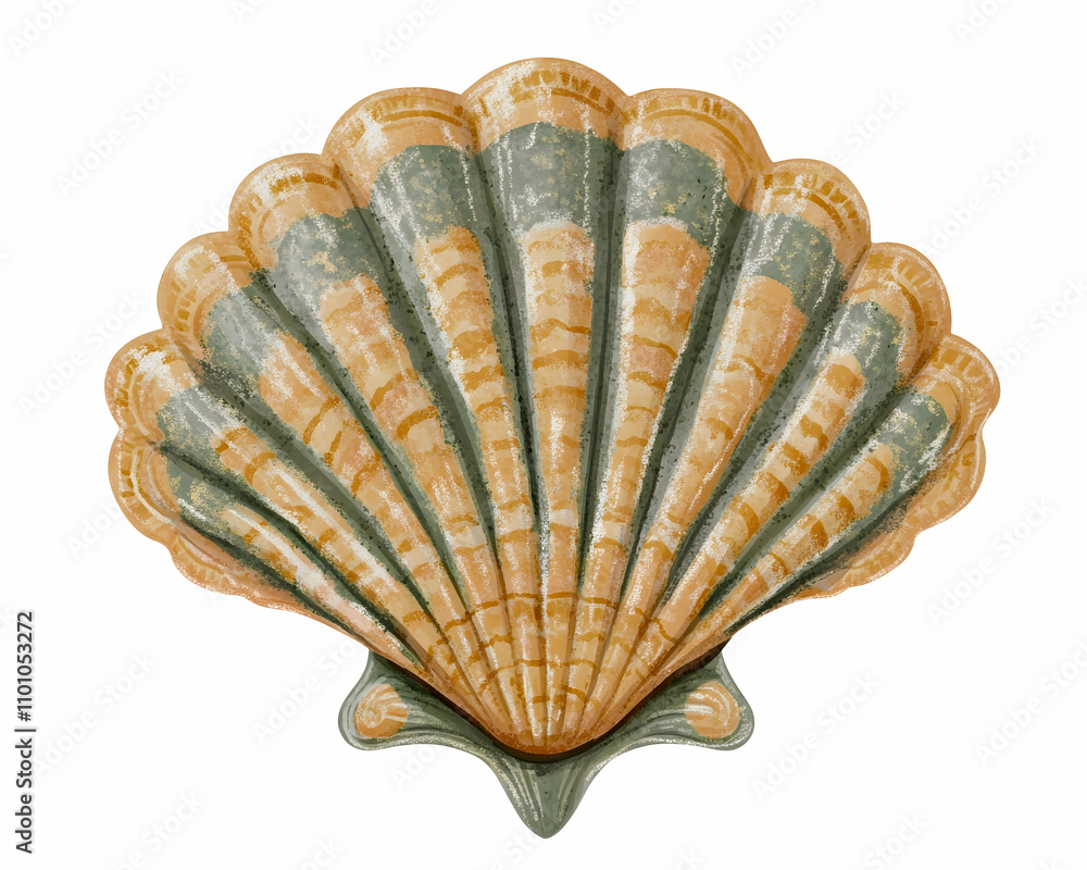 Poster detailed illustration of a seashell with muted colors and intricate patterns.