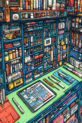 Fototapeta premium Detailed illustration of a cluttered, organized art supply cabinet overflowing with various items.