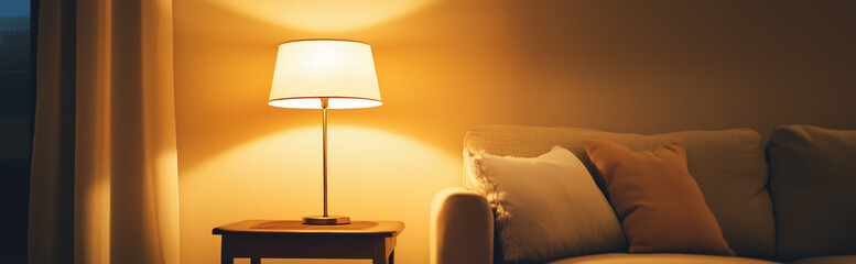 At night, the floor lamp in the corner of the sofa in the room illuminates the surroundings.