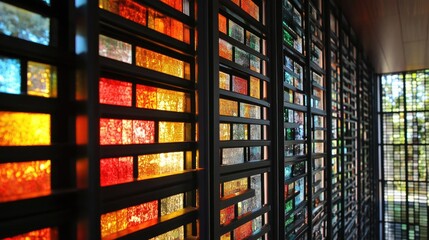 Vibrant stained glass windows framed by metal bars in a modern structure, showcasing colorful patterns and light filtering through the intricate design.
