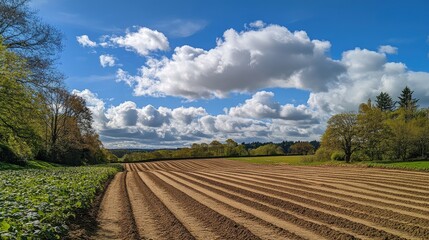 Furrowed plowed field awaits spring planting under a vibrant blue sky dotted with fluffy white clouds and framed by lush greenery.